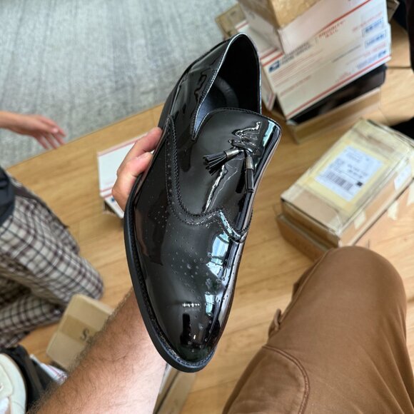 Santimon Men's US 8, 12 Black Patent Leather Wingtip Tassel Loafers Dress Shoes - Picture 8 of 12